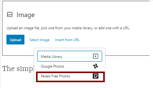 WordPress snapshot showing the Pexels Free Photos option